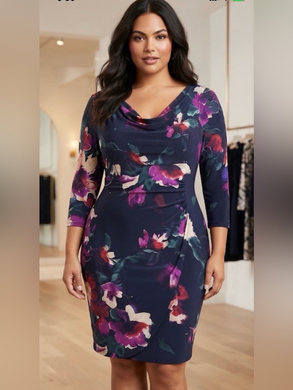 Lauren Ralph Lauren Black Floral Cowl-Neck Long Sleeve Dress size 18